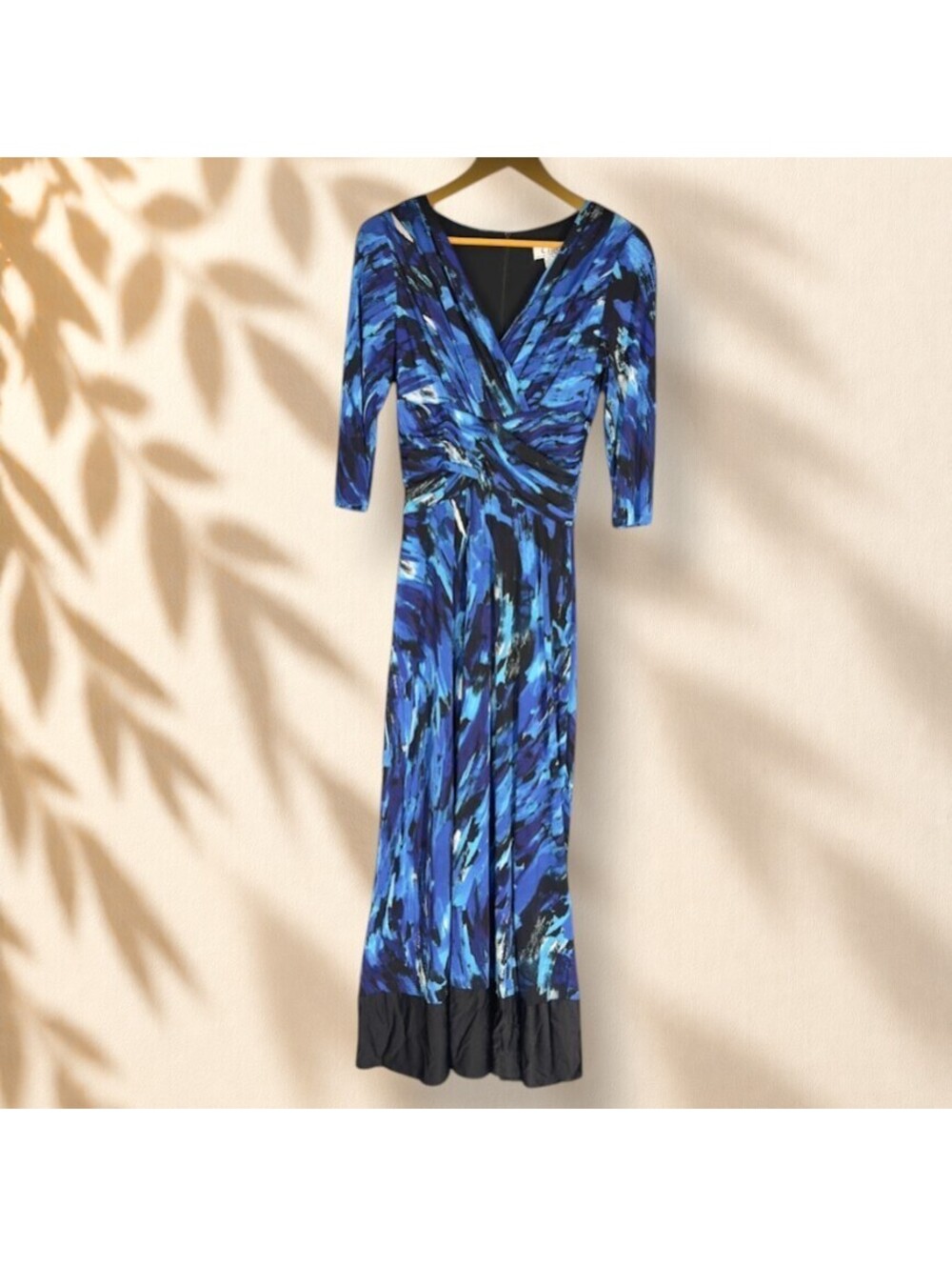 Clues Dress Women 4 Blue Geometric Maxi Long Zipper 3/4 Sleeve V-Neck Lined